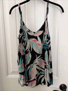 Tropical Leaf Print Black Camisole with Teal & Pink Accents